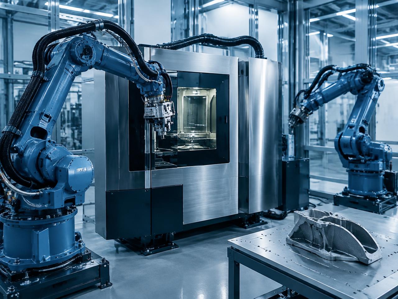 Robotic arms alongside automated manufacturing equipment