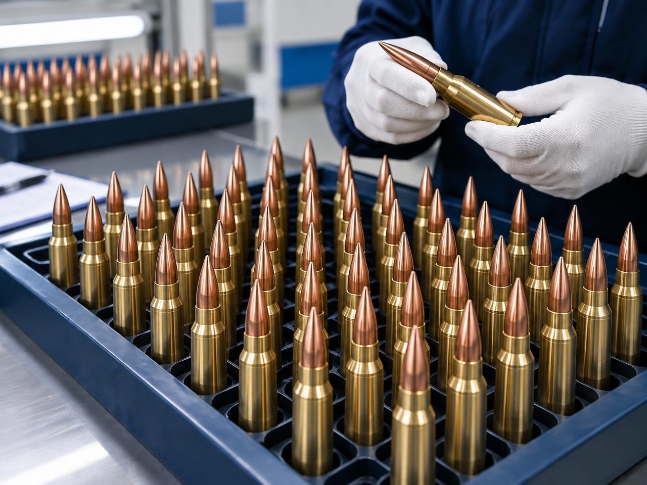 Gloved technician inspecting .50 caliber ammunition beside trays of cartridges