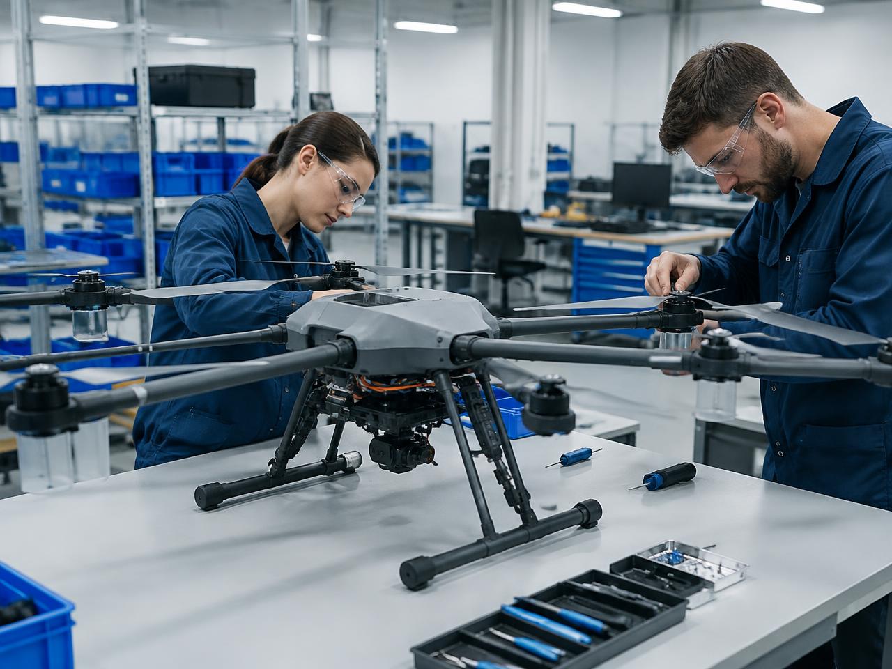 Technicians assembling a multirotor drone on a workbench