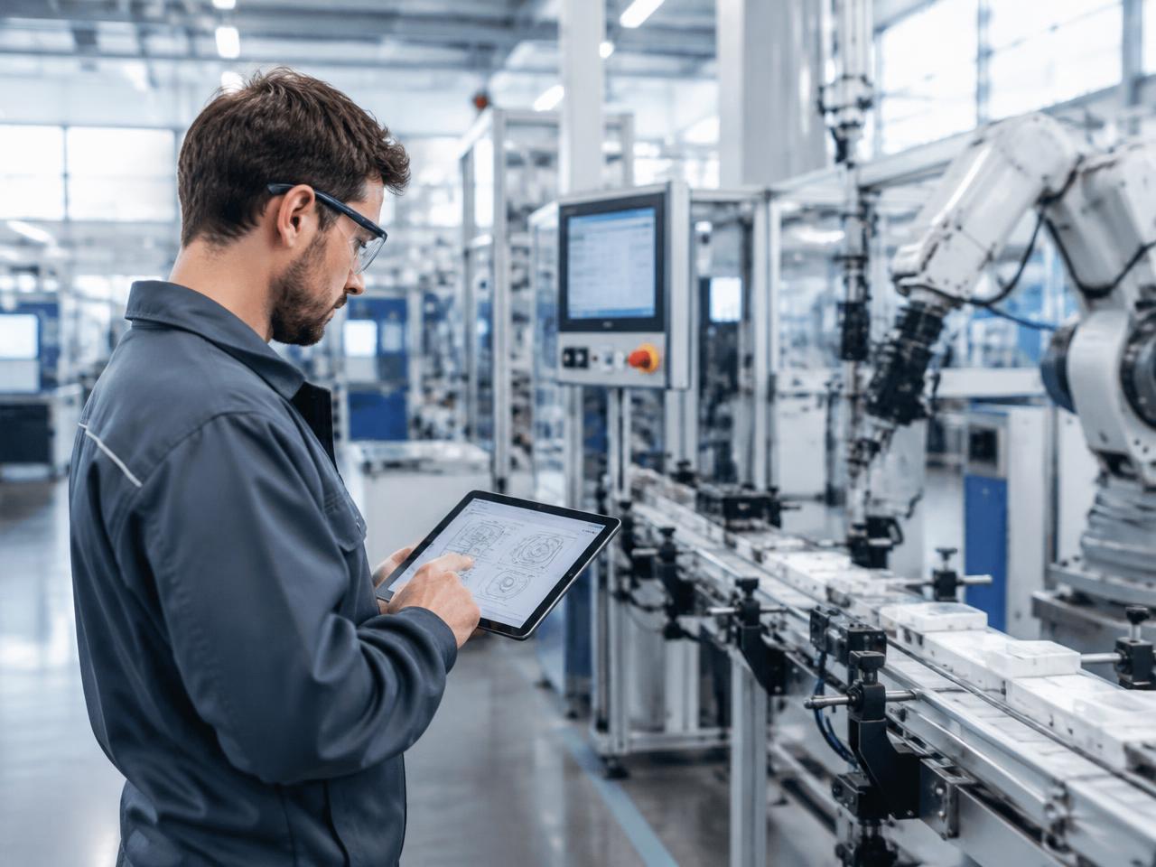 Engineer reviewing technical drawings beside production equipment
