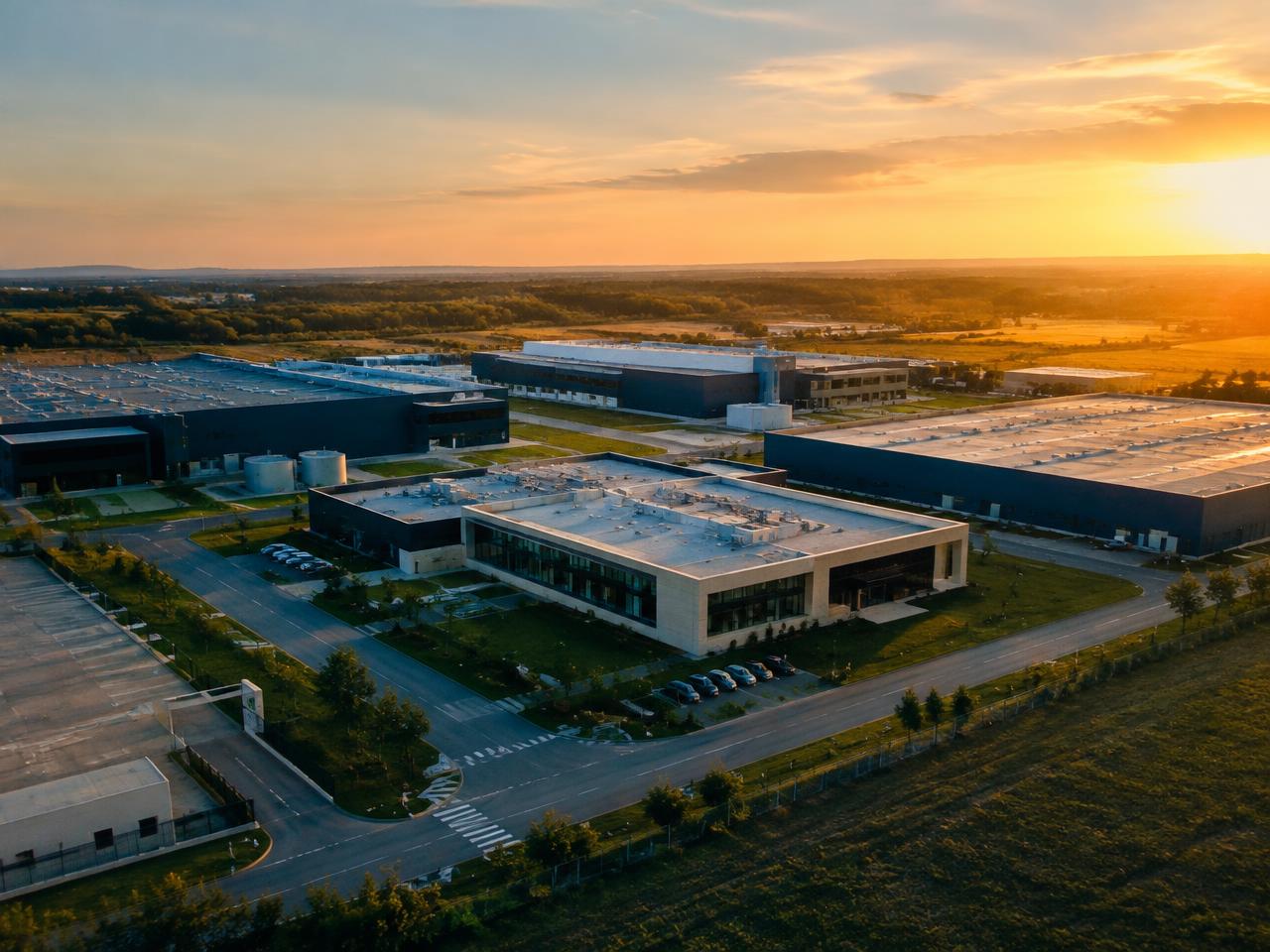 Aerial view of industrial buildings