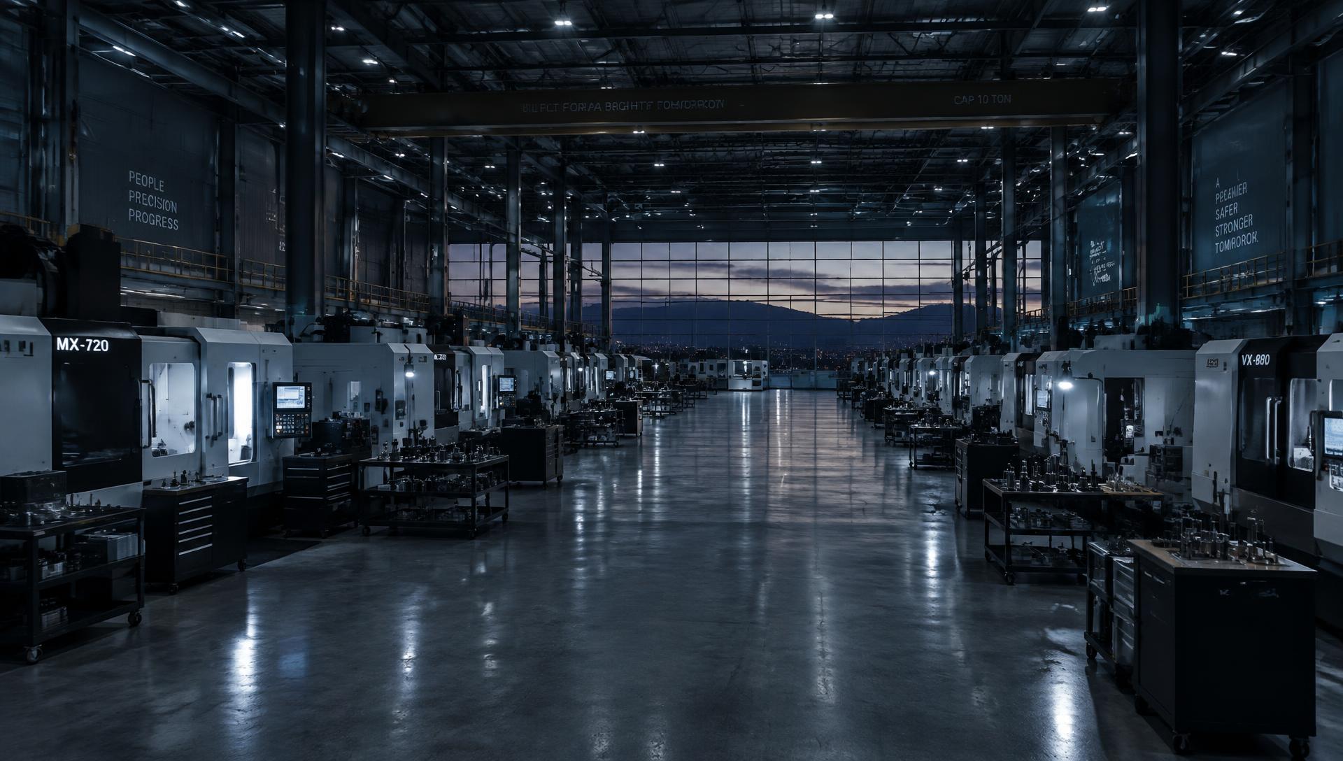 Rows of CNC machines in an industrial manufacturing hall