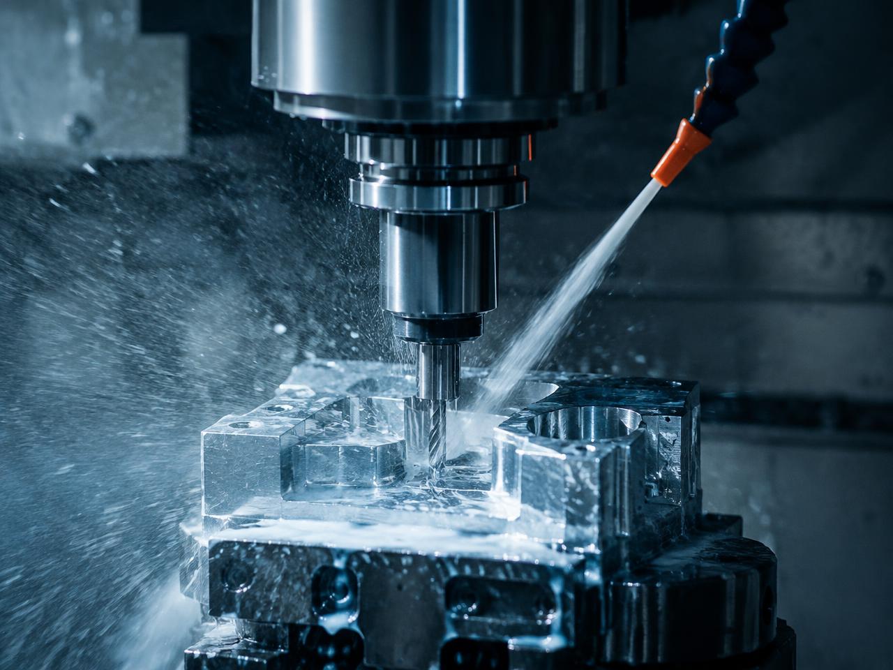CNC milling tool machining a metal component under coolant spray